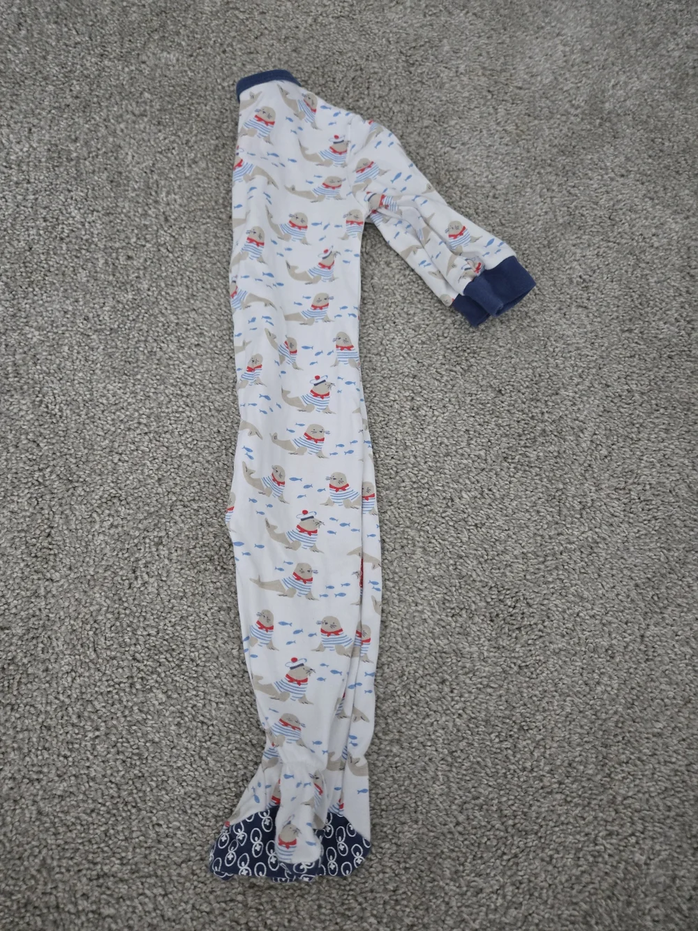 Magnetic Me White Seal Print Footed One-Piece with Navy Trim